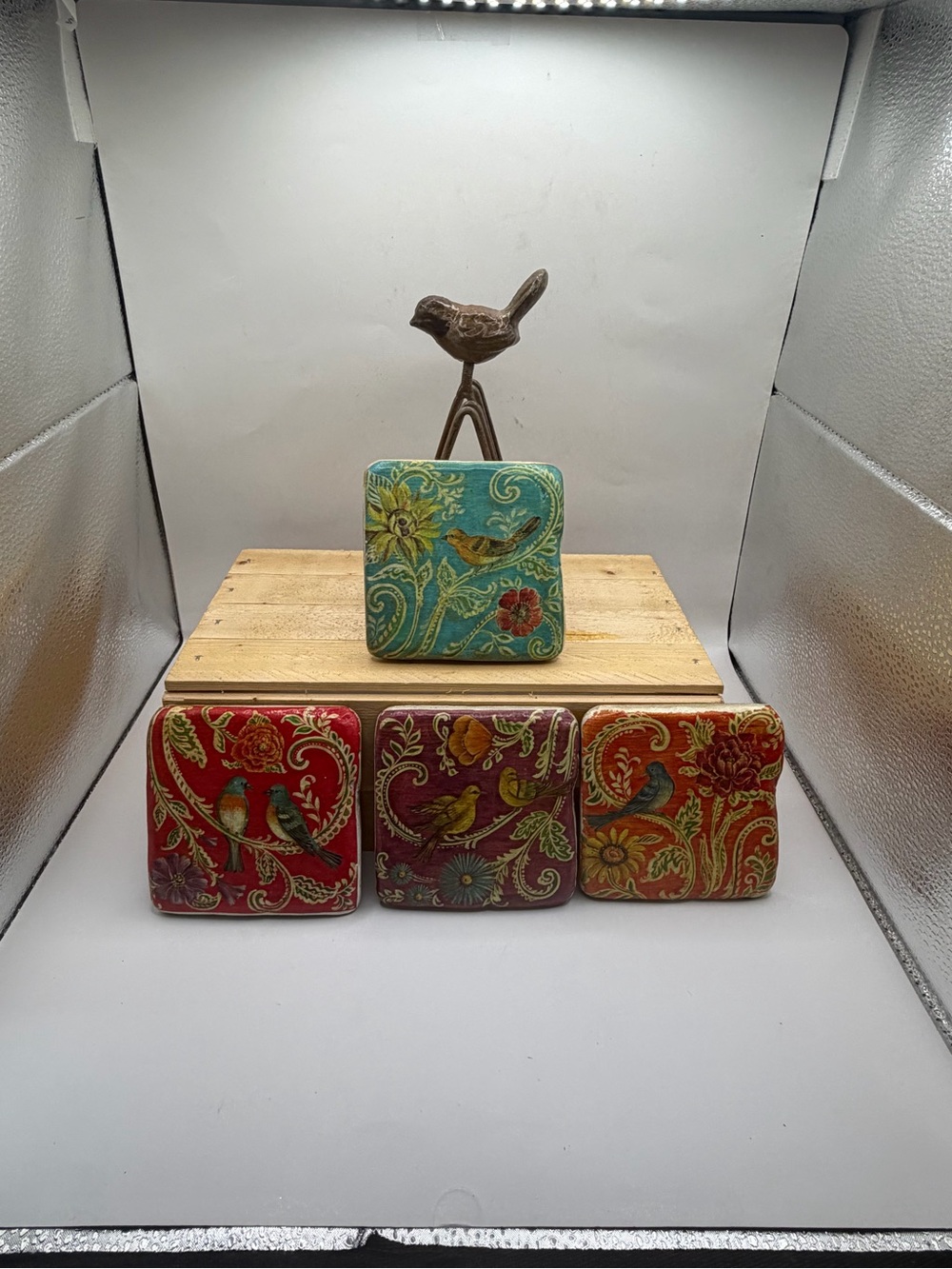 Vintage Style Bird & Floral Coaster Set with Metal Bird Holder